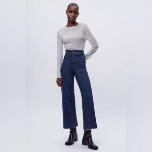 Zara High Rise Wide Leg Dark Wash Raw Hem Jeans